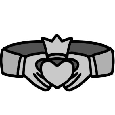 A slightly simplified drawing of a claddagh, a silver ring depicting two hands clasping a heart which hass a crown above it.